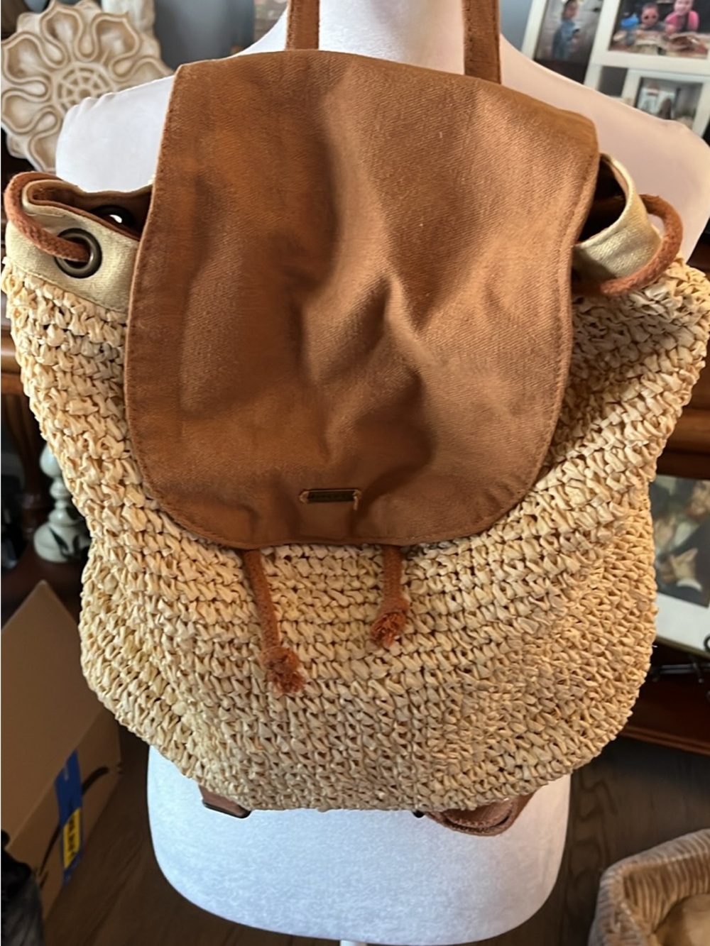 Natural Straw Backpack with Tan Suede Flap